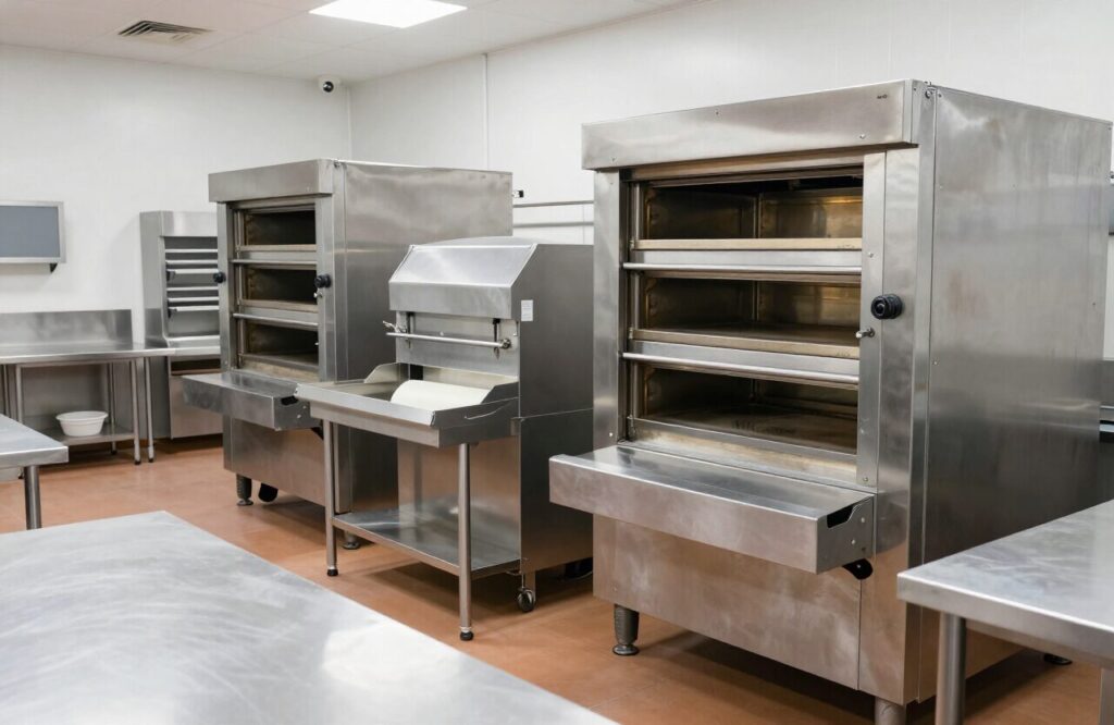 Productiehal met ovens en roestvrijstalen werktafels